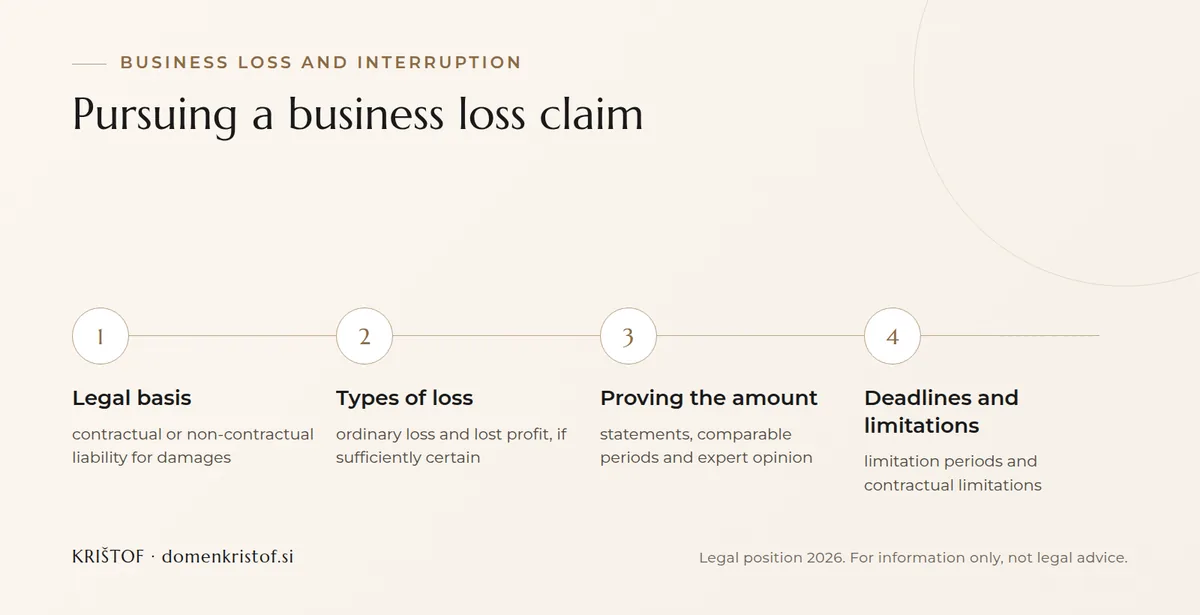 Infographic: four steps to pursuing a business loss claim, from the legal basis through the type of loss and proving the amount to deadlines and limitations