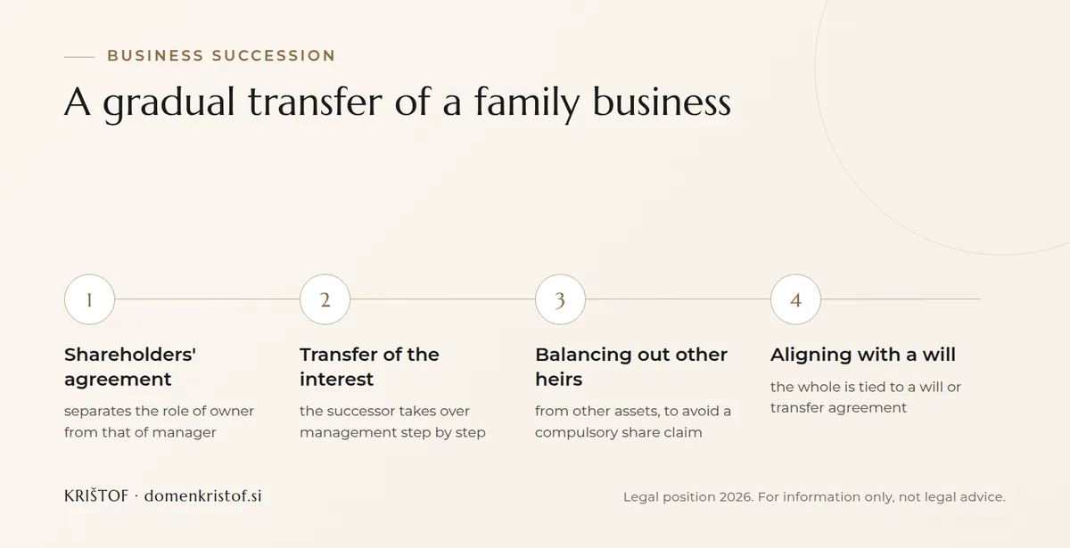 Infographic: four steps in a gradual family business transfer, from a shareholders' agreement through a gradual transfer of the interest and balancing out heirs to aligning with a will