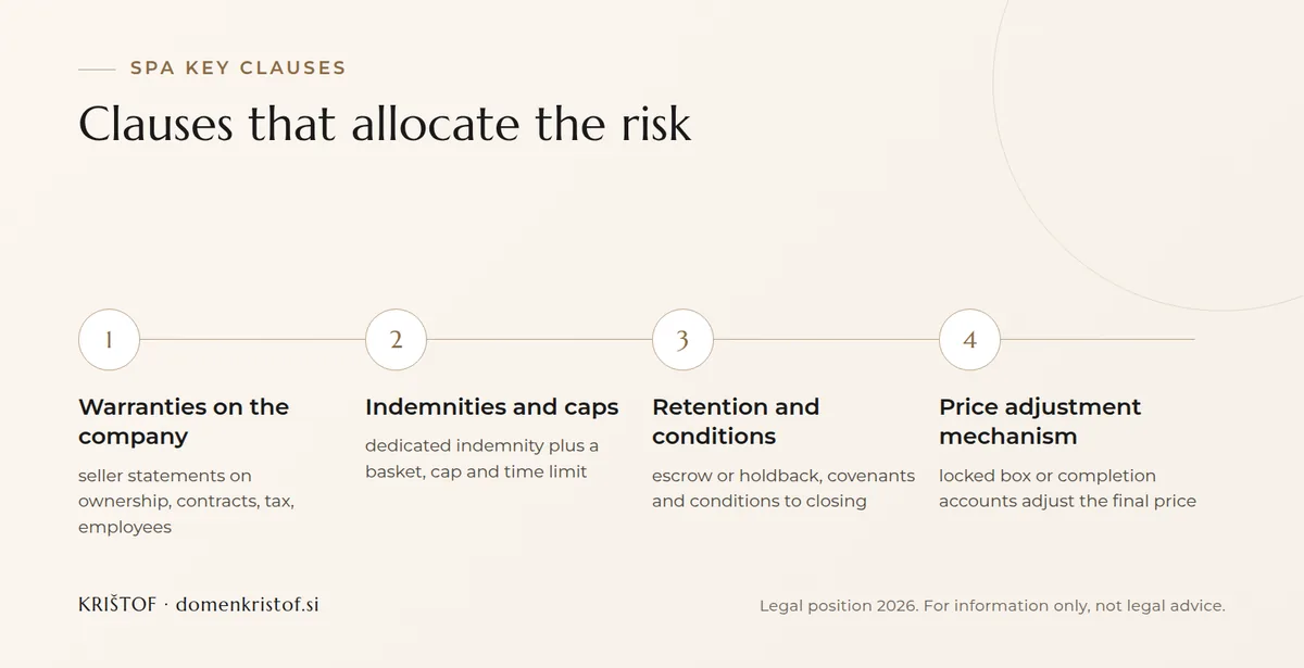 Infographic: four groups of clauses in a sale and purchase agreement, from warranties and indemnities through retention and conditions to the price adjustment mechanism